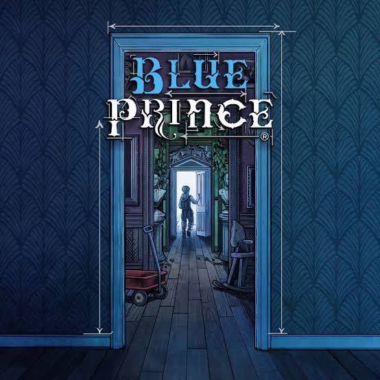 Illustration of a dark blue room with a doorway, through which you can see the silhouette of an unknown person. The title of the game, "Blue Prince," is shown at the top of the image.