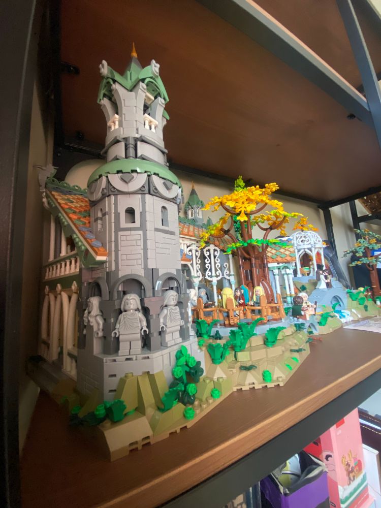 An angle from the tower part of the set, with a view of the Fellowship secret council and distant view of the bridge Aragorn and Arwen share a kiss in Fellowship of the Ring.