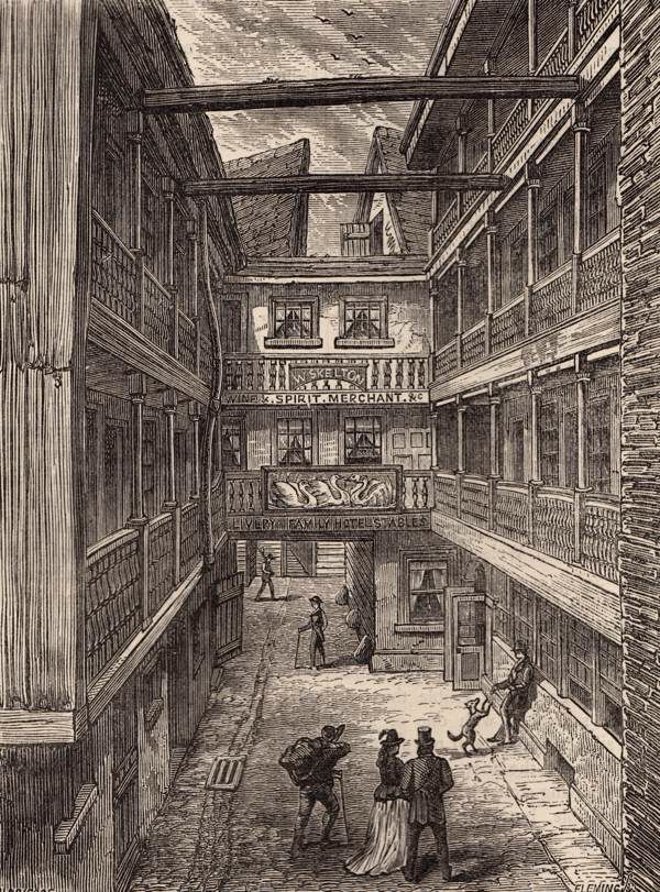 Four Swans, Bishopsgate: etching of a galleried coaching inn