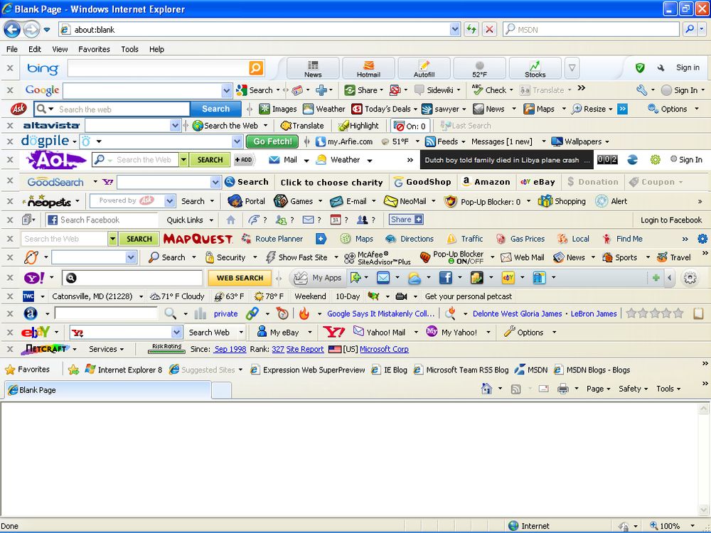 Internet Explorer 8 with 16 toolbars