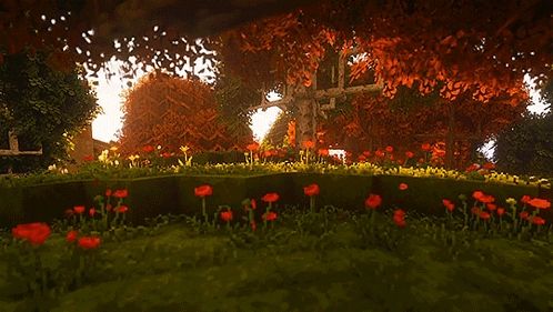 a computer generated image of a garden with flowers and trees