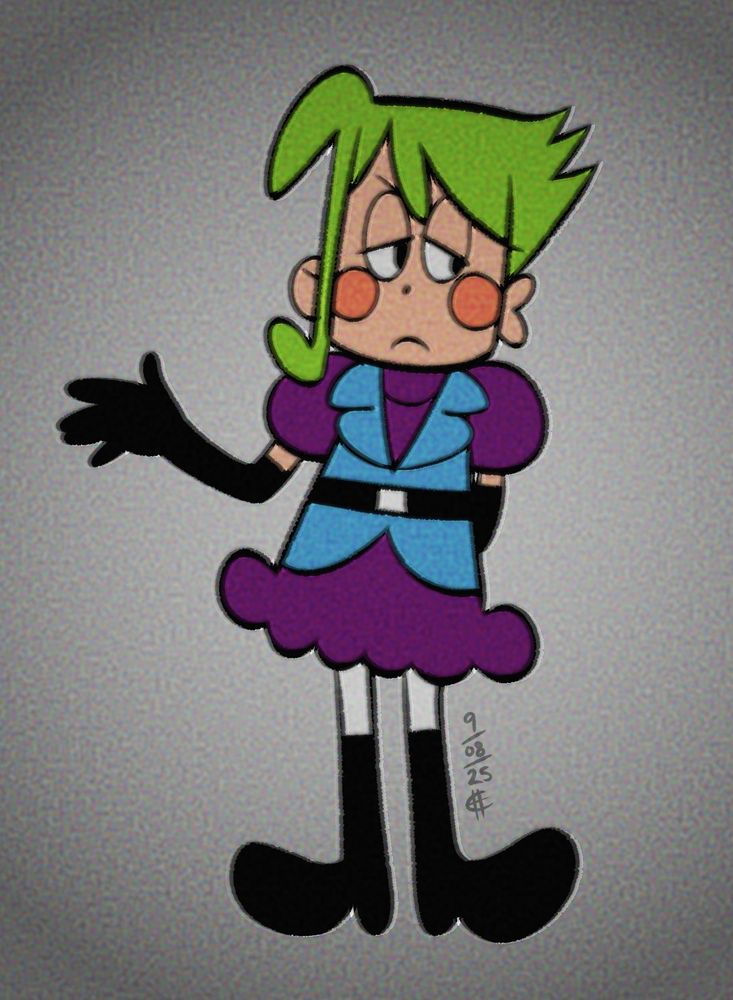 A green-haired girl drawn in the style of the music video for [Static ft. Hatsune Miku]. There is a bad attempt at trying to cobble together an analogue TV visual effect.