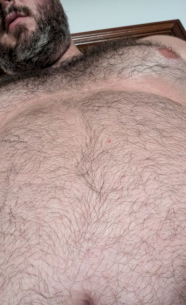 Man showing close up of hairy belly and hairy chest