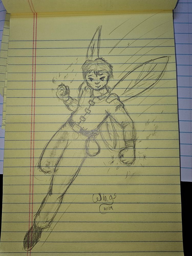 Pencil sketch on lined yellow paper of a winged male figure.