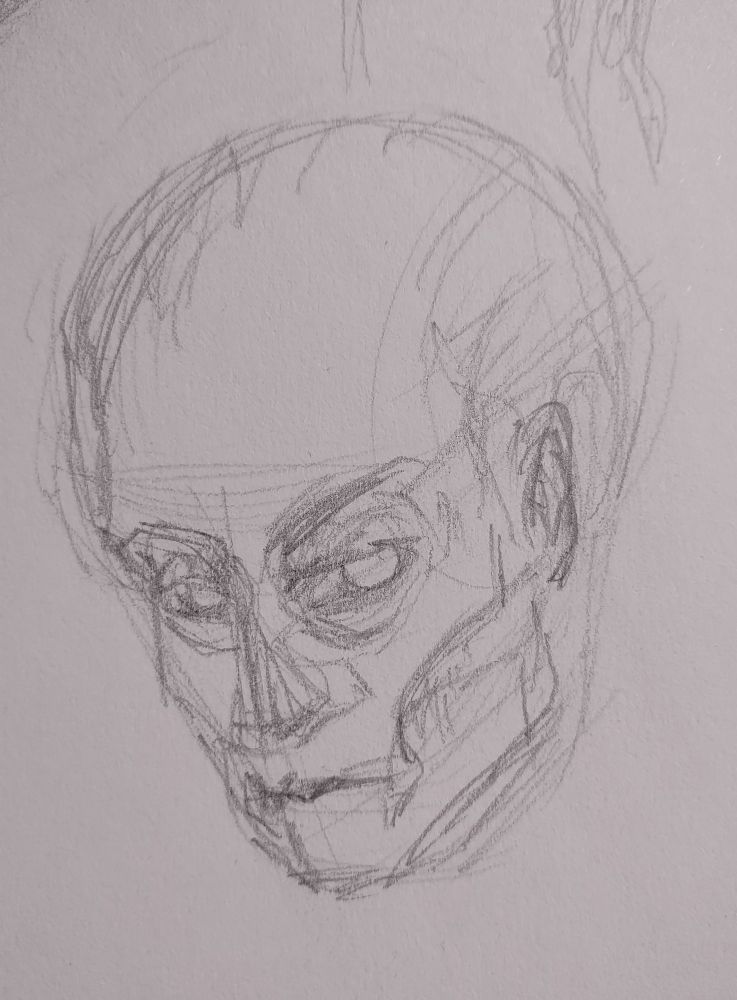 Pencil sketch of a man with gaunt features.