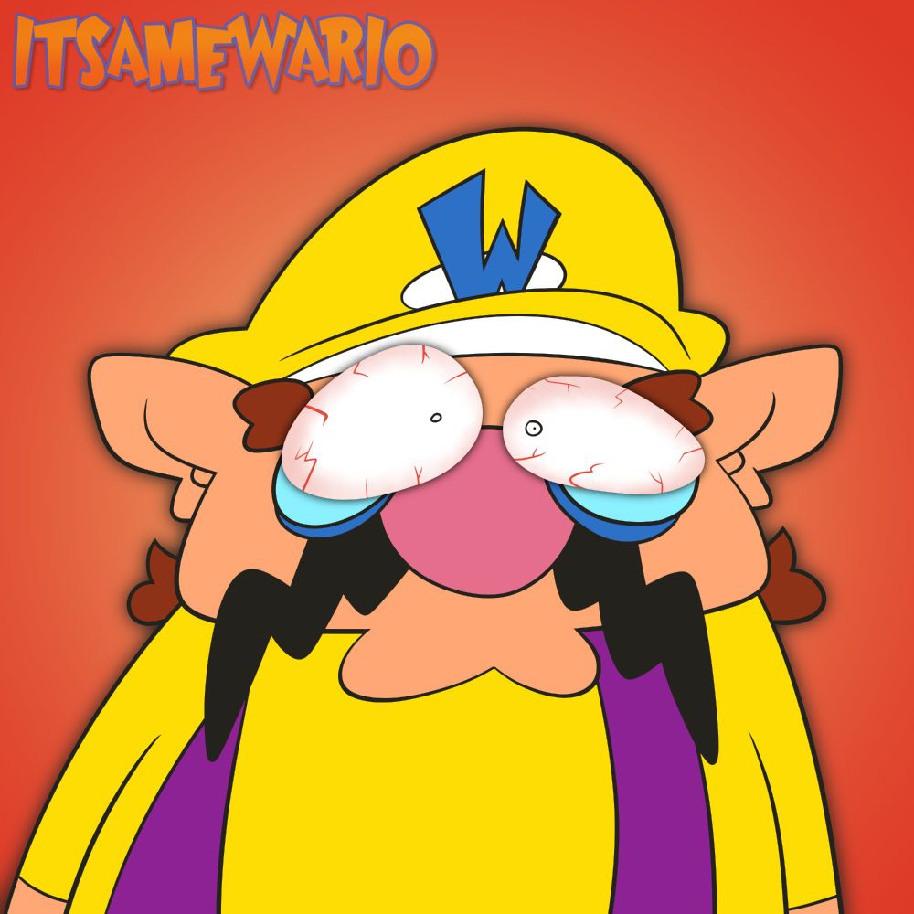 Wario with giant rendered bloodshot eyes
