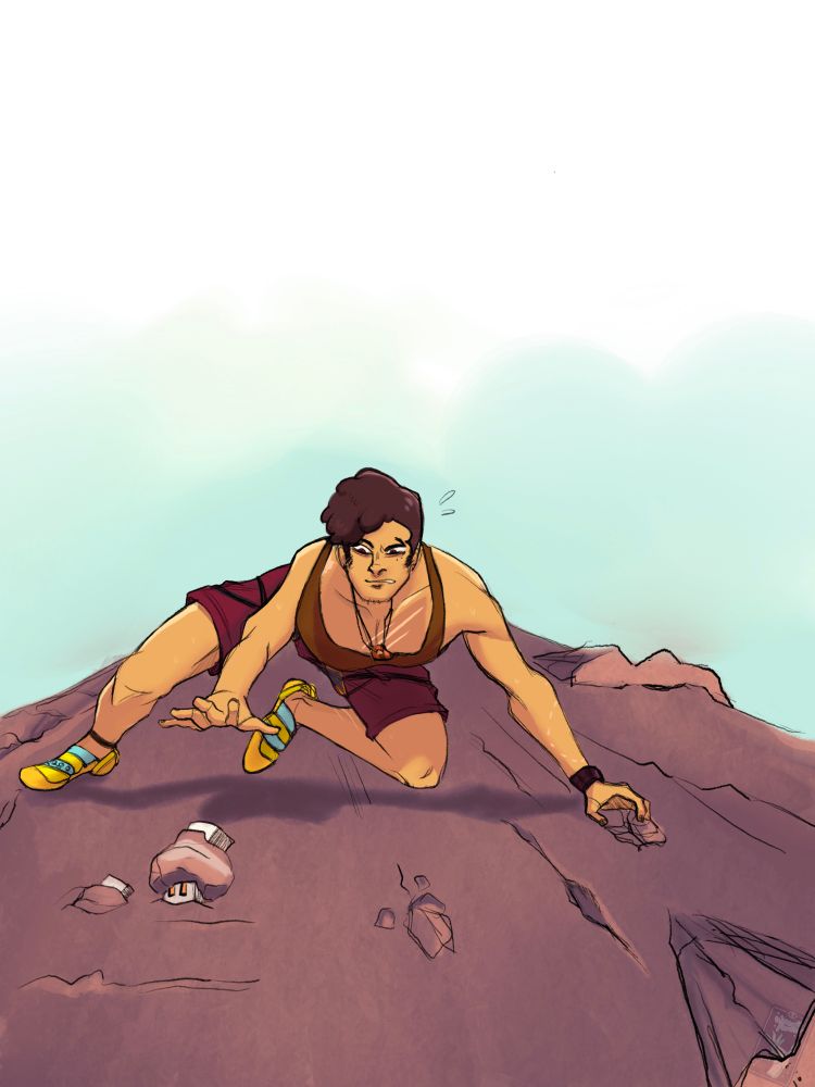 Illustration of @Brandnamecereals’s Pokémon trainer character, Brandt, climbing a cliffside. One hand is outstretched towards a Nacli on the cliffside. The top of a second Nacli is barely poking out.