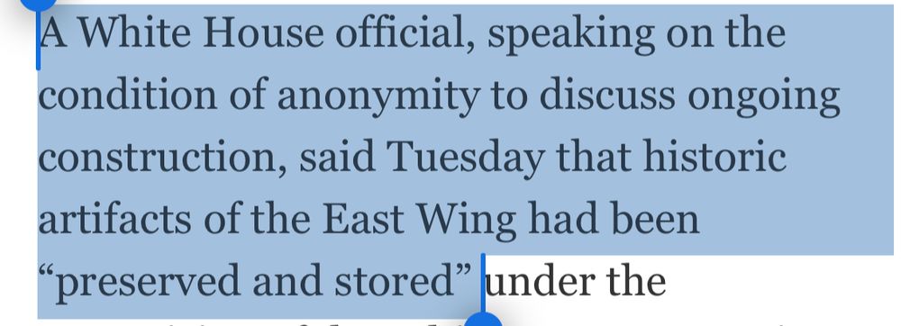 A White House official, speaking on the condition of anonymity to discuss ongoing construction, said Tuesday that historic artifacts of the East Wing had been “preserved and stored” under the supervision of the White House Executive Residence and the National Park Service 