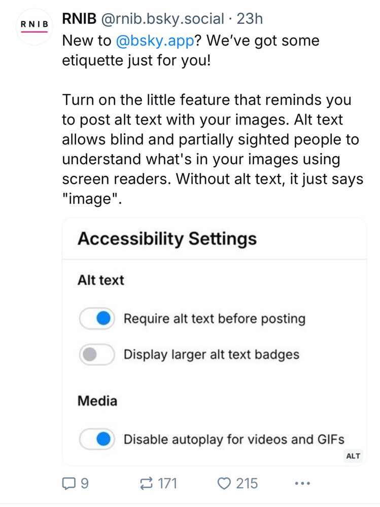 An image showing the Bluesky settings which allow you to toggle on “require alt text before posting”