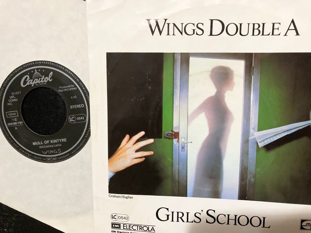 Detail of sleeve back and vinyl label side A of Wings – Mull Of Kintyre / Girls’ School - Double A 7“ single.