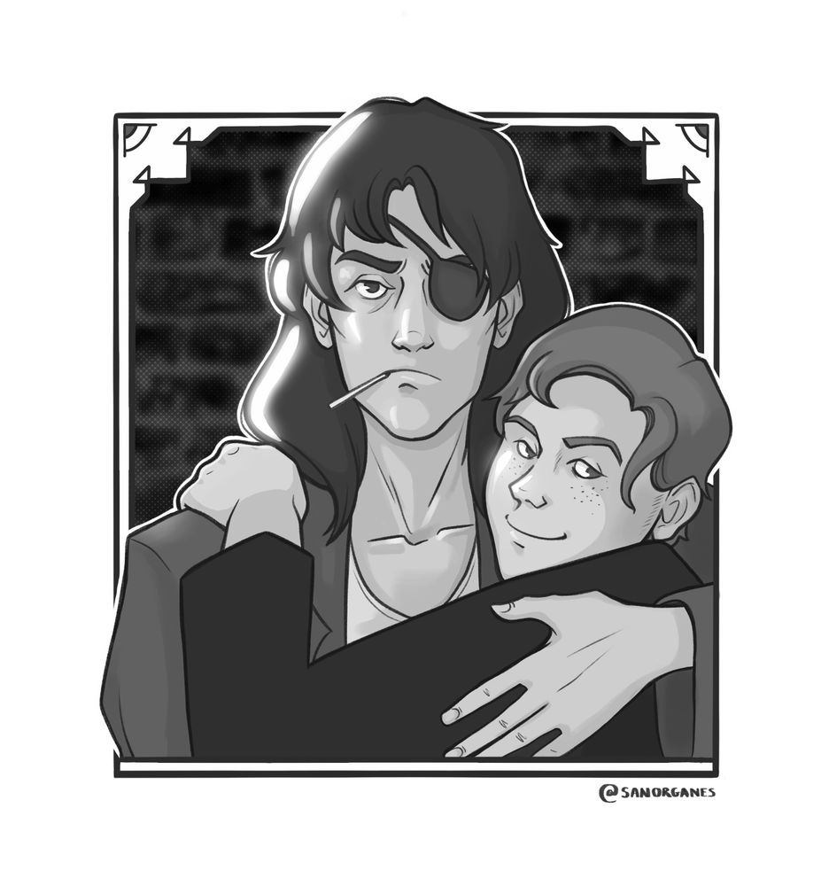 A woman with an eyepatch over her left eye and a cigarette hanging out of her mouth (Jackie) glares angrily. She is possessively holding a considerably shorter young man (Emile) who is looking back over his shoulder at the viewer with a smug facial expression. The whole image is monochrome, with a brick wall background and a border with art deco inspired motifs.