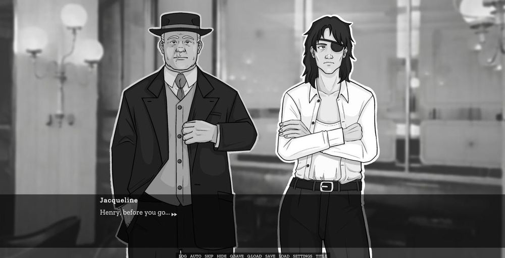 Two people standing next to one another in a bar: to the left, an older man in a 1920s suit and hat, and to the right, a butch woman with a patch over her left eye. 