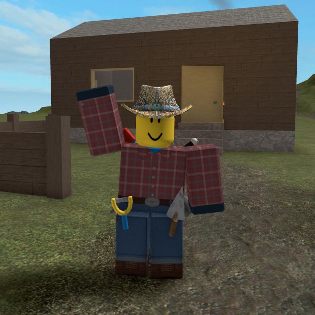 A picture of my Roblox avatar waving at you, located in the Starting Place from 2016-2021. Howdy!