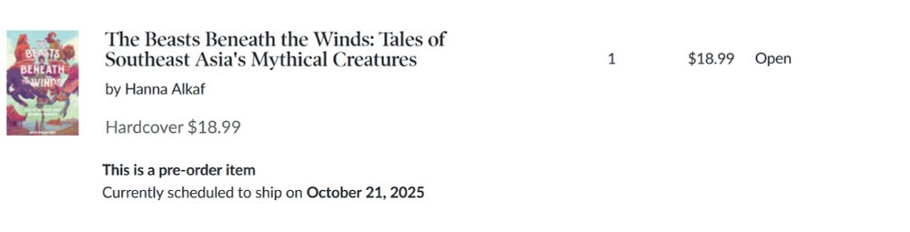 Pre-order receipt for The Beasts Beneath the Winds: Tales of Southeast Asia's Mythical Creatures by Hanna Alkaf