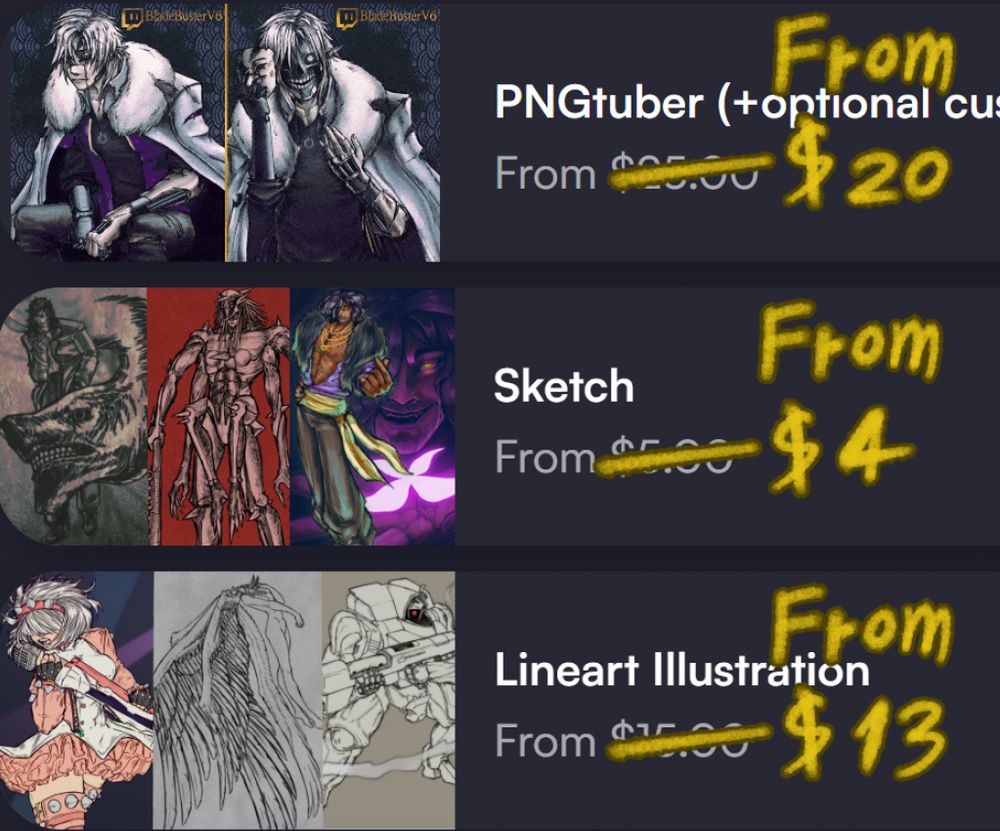 a screenshot of some of my vgen services showing their discounted prices