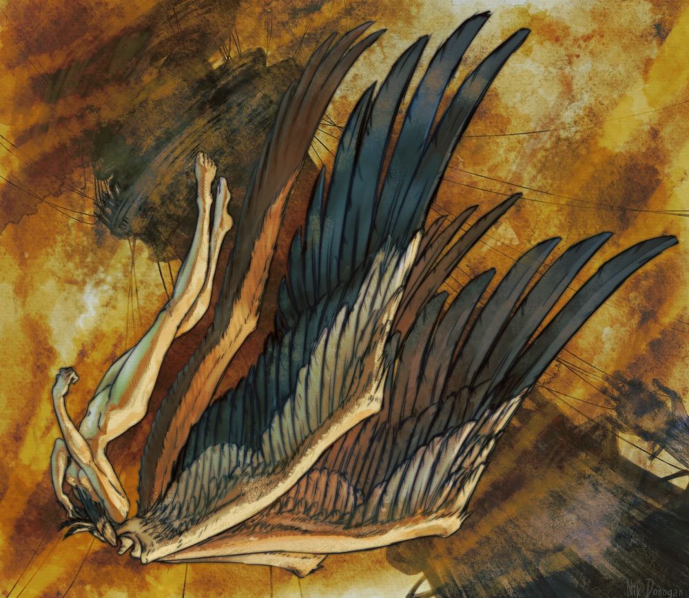 angled falling from the sky with an ominous tower in the back