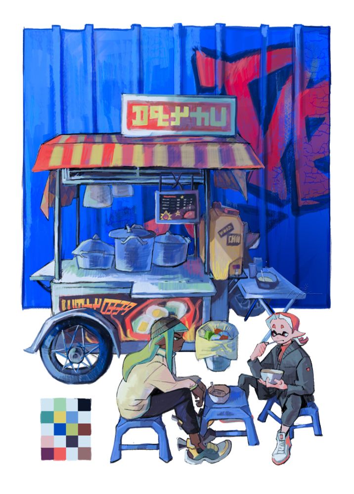 Iodine and pike eating street food

#splatoonOC #illustration