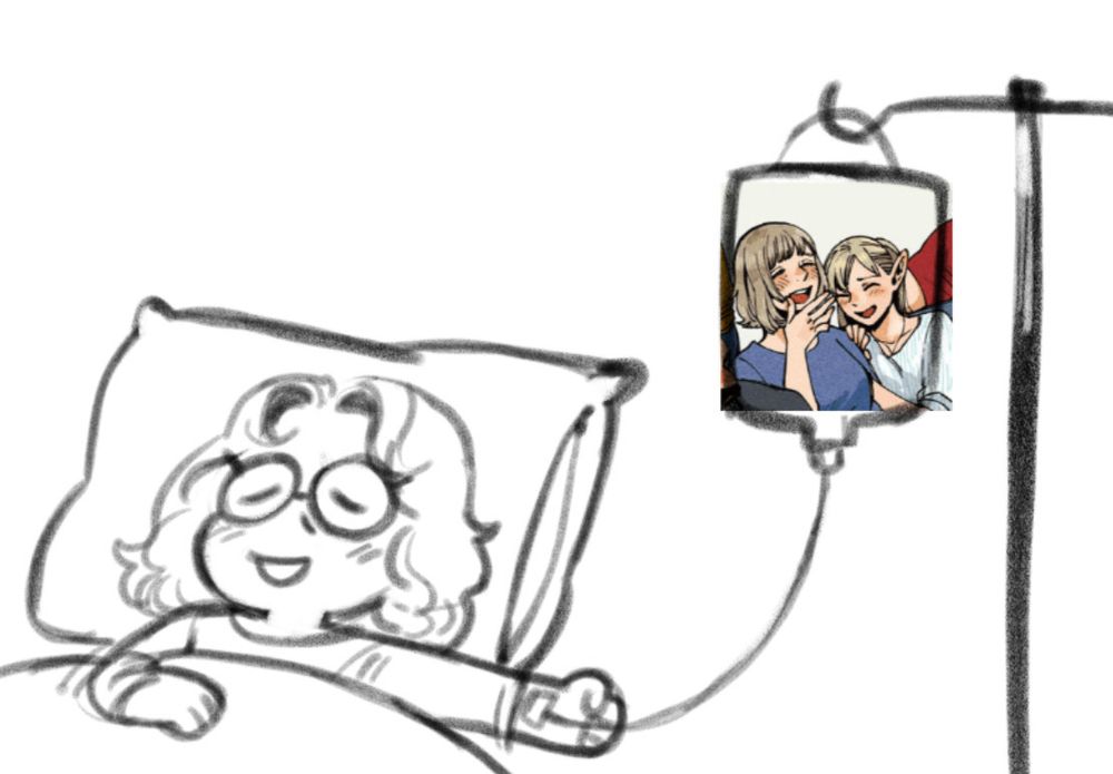Me, in bed, hooked up to an I.V. with an image of Falin and Marcille from dungeon meshi in it