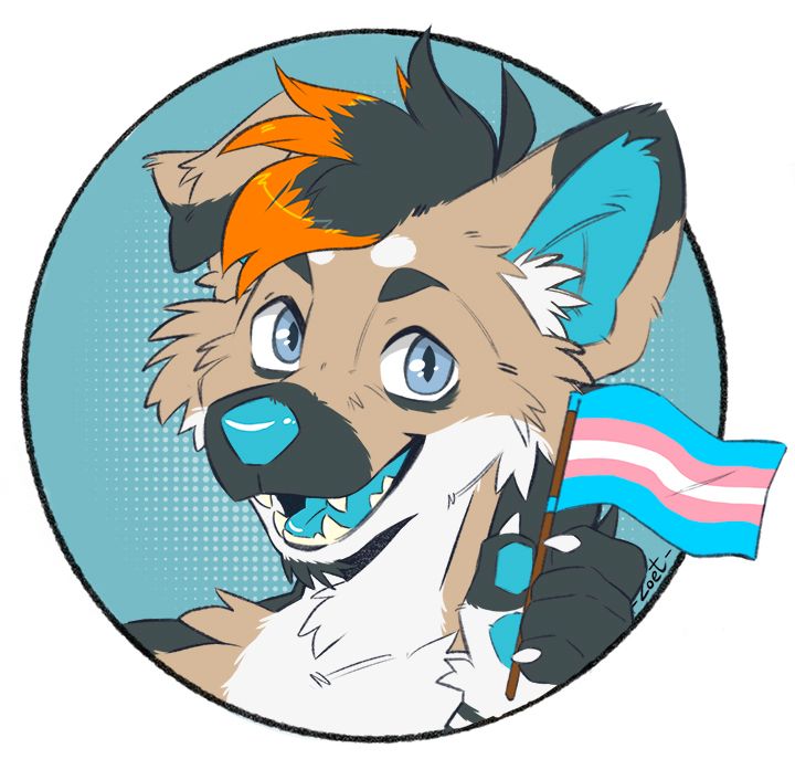 A bust of Mutt, a scruffy striped hyena and he's holing up a transgender flag. He's looking at the viewer with a cute grin.