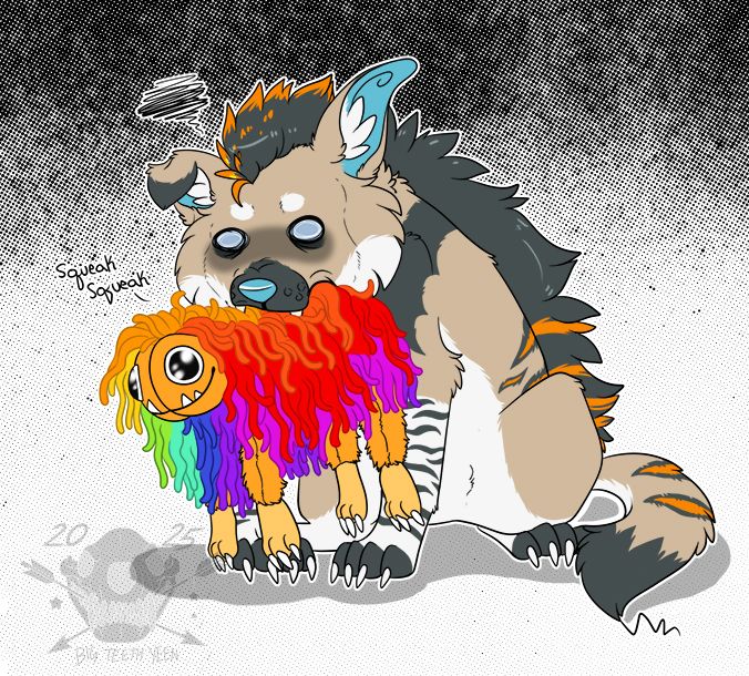 Tan, gray, and white hyena with orange stripes is sitting, looking stressed out as he's holding a colorful yarn-based lion in his mouth. 'Squeak, squeak' Black crosshatched over a white background.