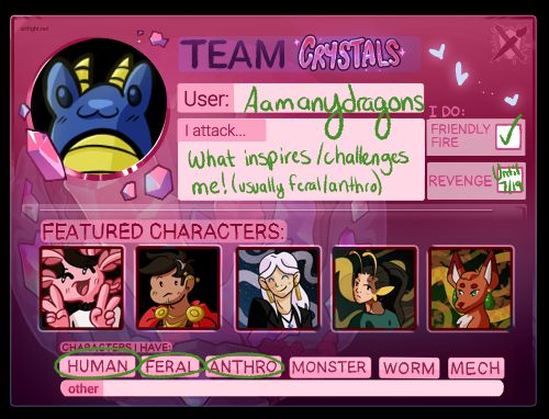 Team Crystal Artfight Banner!!!
I am only doing revenges until July 19th because I will be traveling for the rest of July
Featured characters from left to right are Gabe, Alex, Krystal, Fang, and Kitjing (I somehow forgot Charlie was already posted on AF?? I just havent made an icon for him yet ;-;)