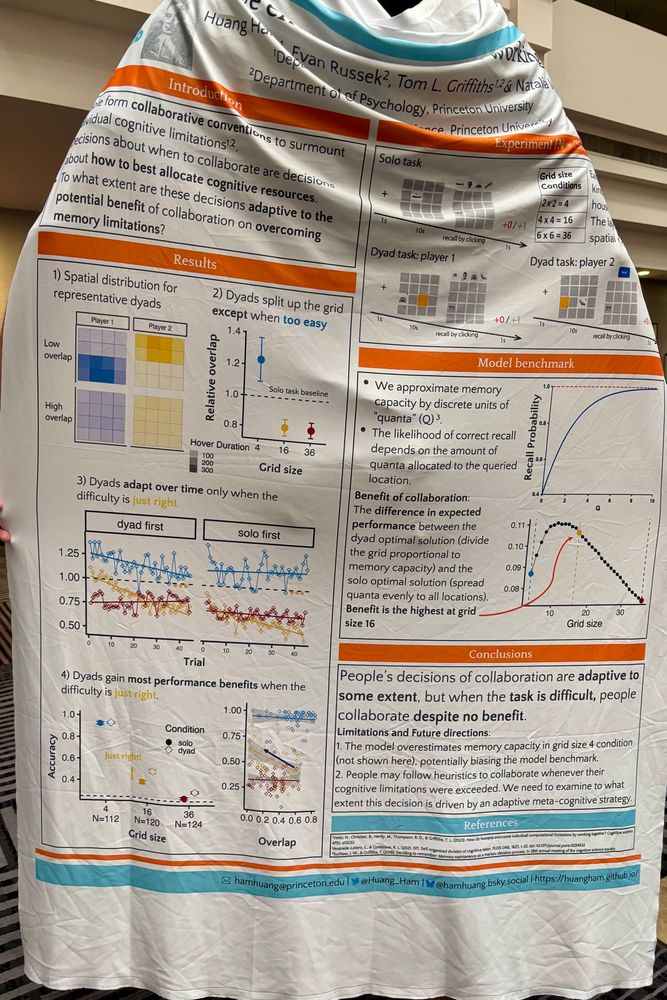 A research poster draped like a cape, showing charts, graphs, and text about collaborative memory and decision-making. The poster includes colorful data plots, grid diagrams, and sections labeled “Introduction,” “Results,” “Model Benchmark,” and “Conclusions.” The bottom includes the researcher’s contact information and social links
