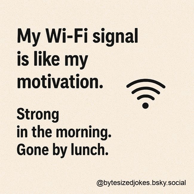 A funny joke: My Wi-Fi is like my motivation. Strong in the morning. Gone by lunch.