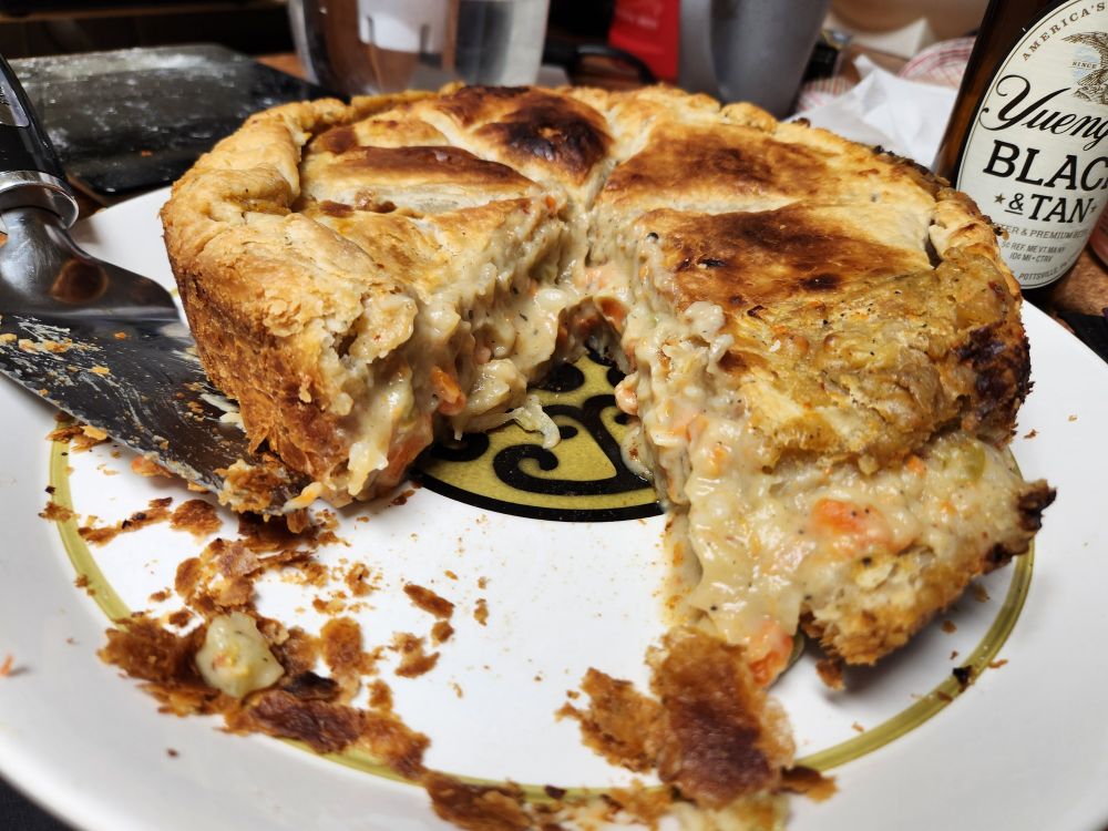 Picture of the pie, little burnt on top, about 2 inches tall