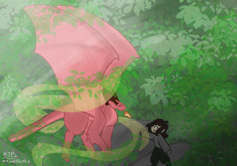 A pink dragon surrounded by leaves about to take off when a human approaches it