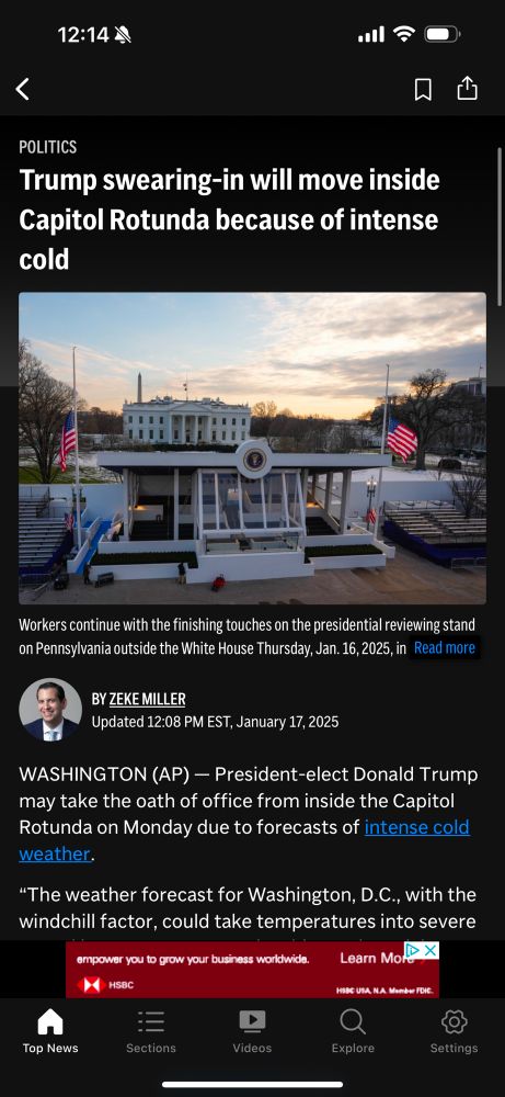 A screenshot of the news story from AP about the swearing in of the president 
