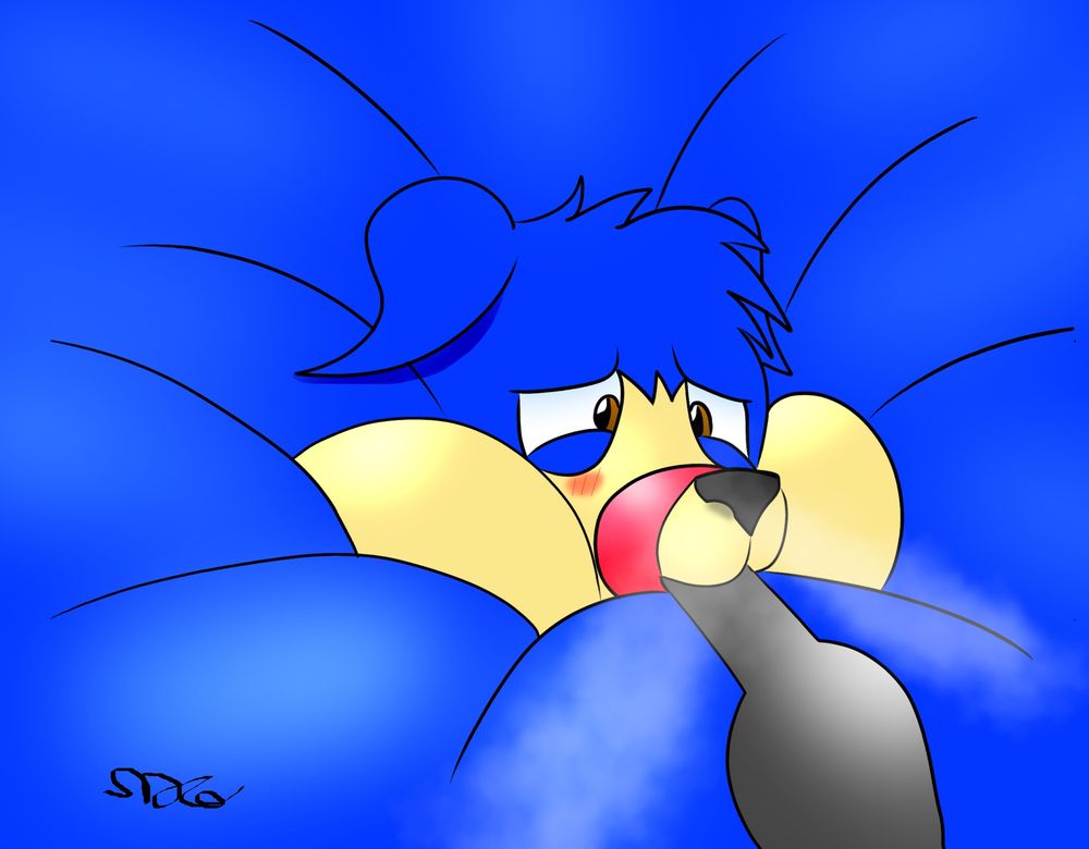 Blumiere’s mouth is strapped closed on a tube pumping helium into his body, inflating him to a ginormous size 