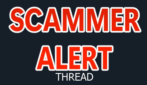 An image on a dark navy blue background, the same blue as BlueSky's UI background, with bold capitalised text that says: "SCAMMER ALERT - THREAD".