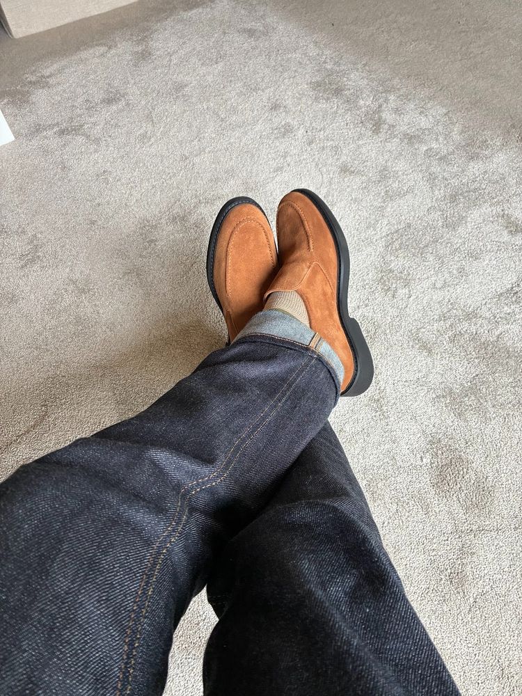 New brown suede slip-ons on my feet.  And YES I AM WEARING SOCKS! They're just a bit skin coloured is all. 