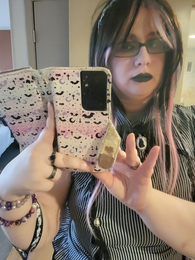 A human holding up a phone to take A picture. She has black and pink hair, black lipstick, and is wearing a black and white vertical striped blouse. The blouse has a bow, with a black cat cameo pendant.
