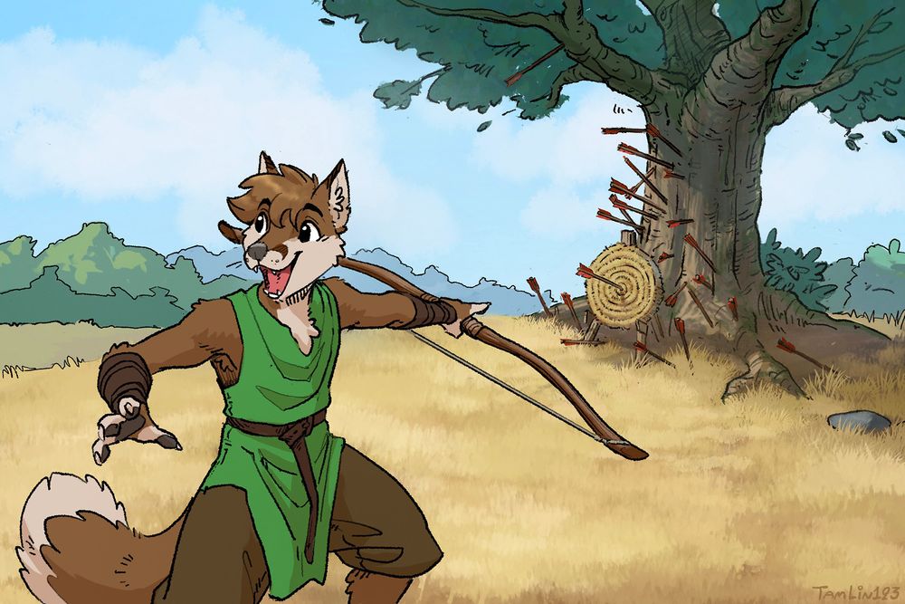 A young fox wearing a green tunic and holding a long bow is gesturing towards a far away archery target. The tree behind the target and the ground around it are absolutely littered with arrows jutting out at various angles. Only a single arrow is stuck on the target, perfectly on the center. The fox has an expression of joy, surprise and accomplishment, likely due to his singular success. We could all stand to be more like this fox fellow I reckon!