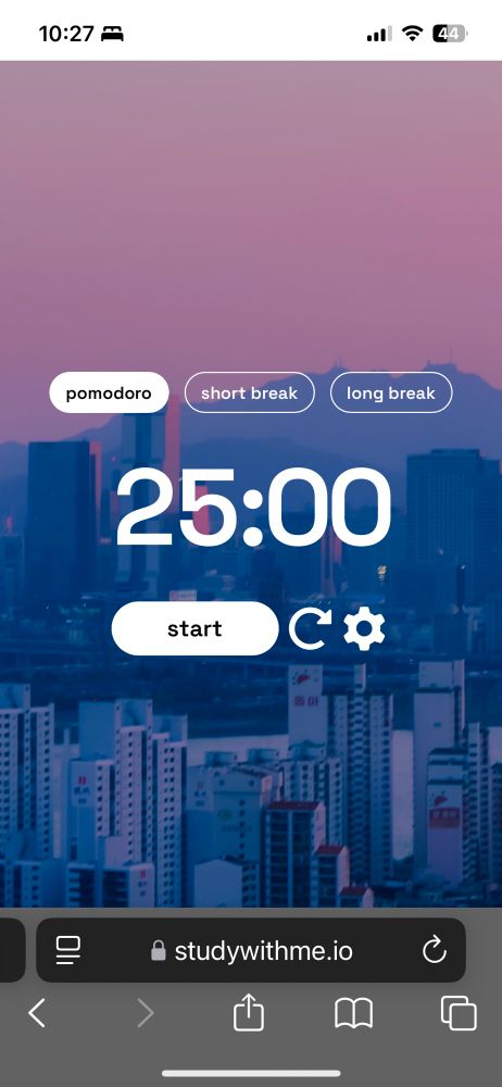 A pomodoro timer display listing 25 minutes with a pastel cityscape of Seoul, South Korea in the background.
