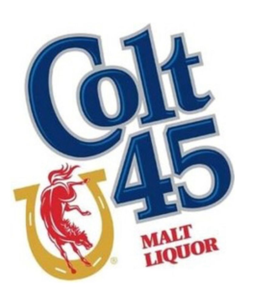 Logo of a red bucking bronco inside a horse shoe and the words Colt 45 Malt Liquor.