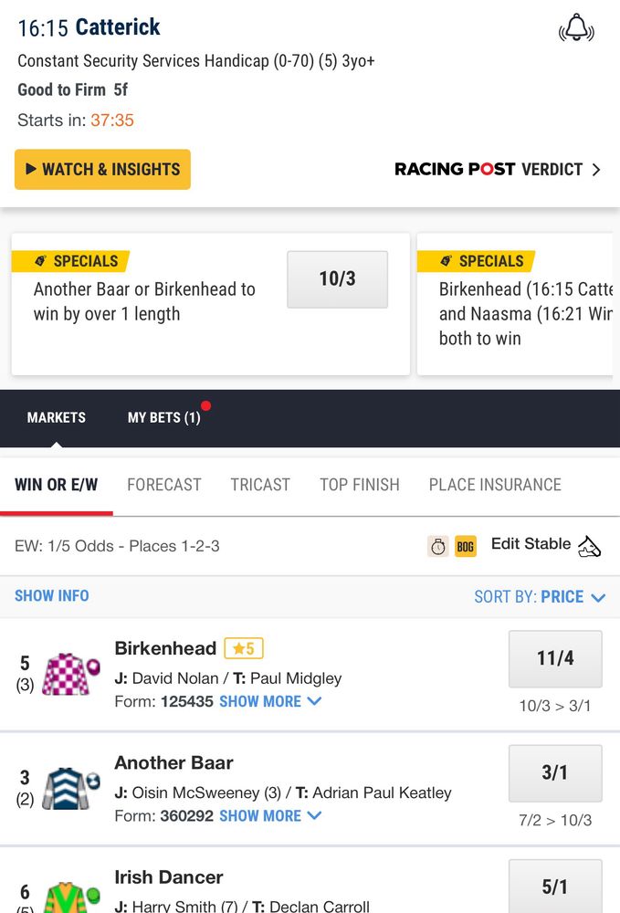 Race card showing the favourite being called Birkenhead at catterick race course today 