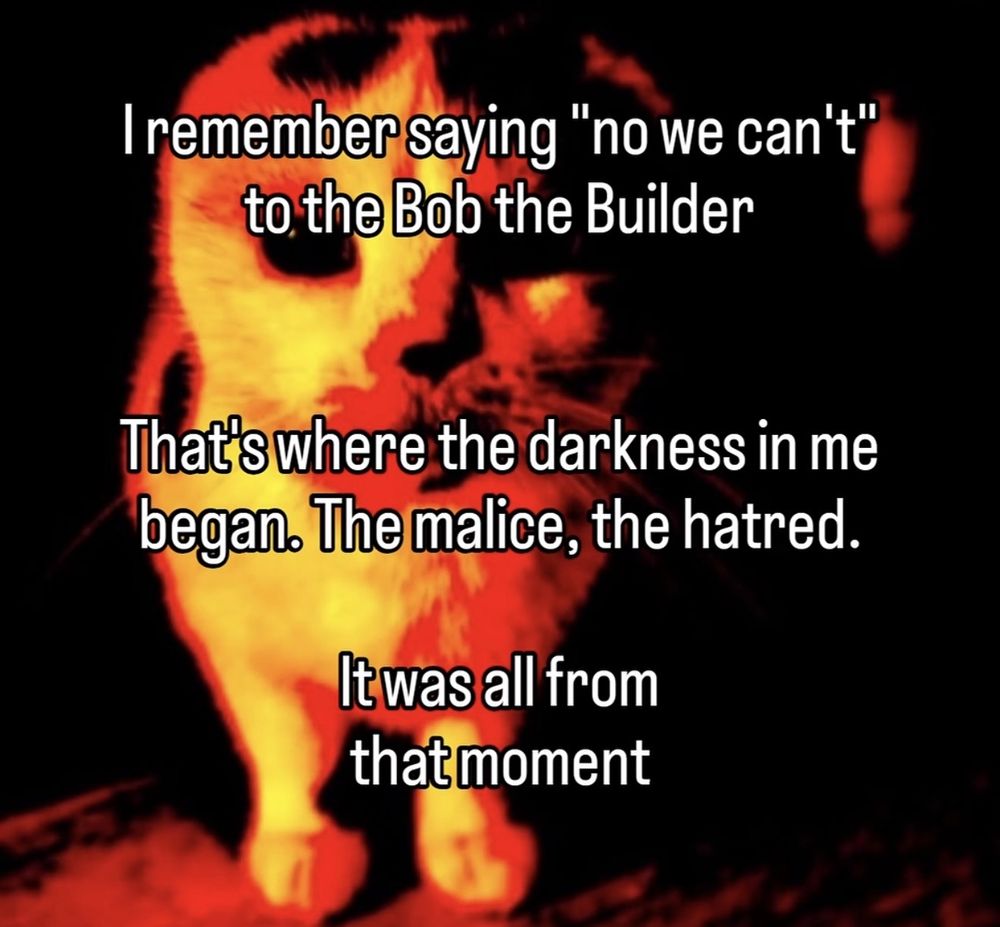 I remember saying "no we can't" to the Bob the Builder

That's where the darkness in me began. The malice, the hatred.

It was all from that moment

#memes #meme #evil 