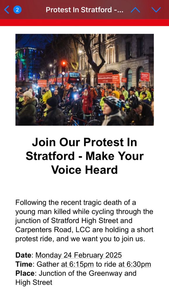 Email from London Cycling Campaign asking people to register to protest at the dangerous Carpenters Rd / Stratford HS junction, Newham.