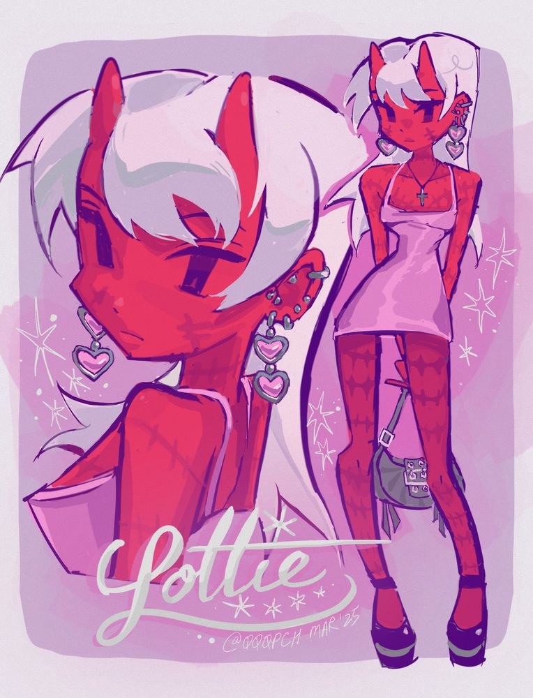 an illustration of a red skinned girl with demon horns and white hair wearing a satin pink dress, large pink heart earrings, chunky heels, and a black bag. "Lottie" is written in white on the bottom.
