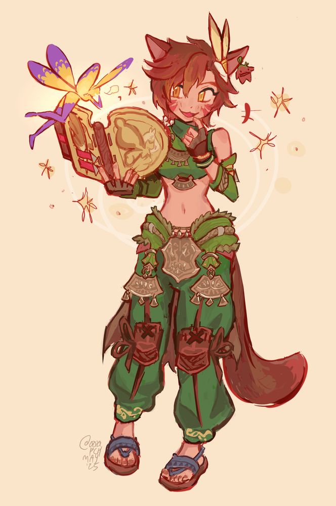 fullbody illustration of ffxiv miqote s'undae rune sharing a secret with her fairy selene. s'undae is holding her hand to her chin in a mischievous smirk as selene hides behind her book.