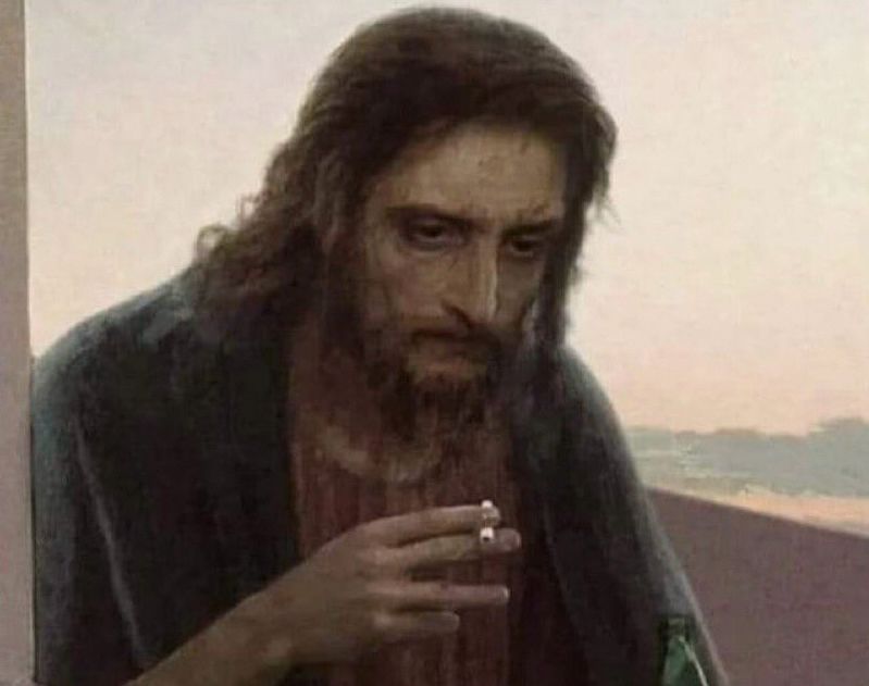 a distraught jesus stares off into the middle distance, smoking a cig. 