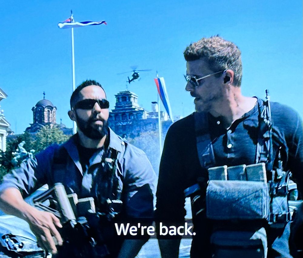 “we’re back” - some kitted out navy SEAL dudes. one is david boreanaz. 