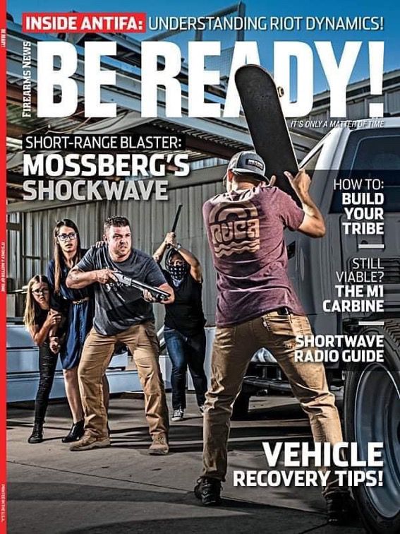 some kind of right-wing firearms magazine featuring a tableau vivant of a man defending his family with a shotgun against a skateboard wielding menace with a backwards hat — only in an ironic twist there’s a second attacker sneaking up behind him with a crowbar. it seems clear from the whole scene this guy and his family are about to get wasted by “antifa, despite the shotgun, which is the thing the magazine is attempting to advertise. feels like more of an advertisement for how to stealthily outflank a suburban family and defeat the advantage offered by the shotgun than an advertisement for a shotgun. the top article is apparently: “antifa: understanding riot dynamics,” whatever that means.