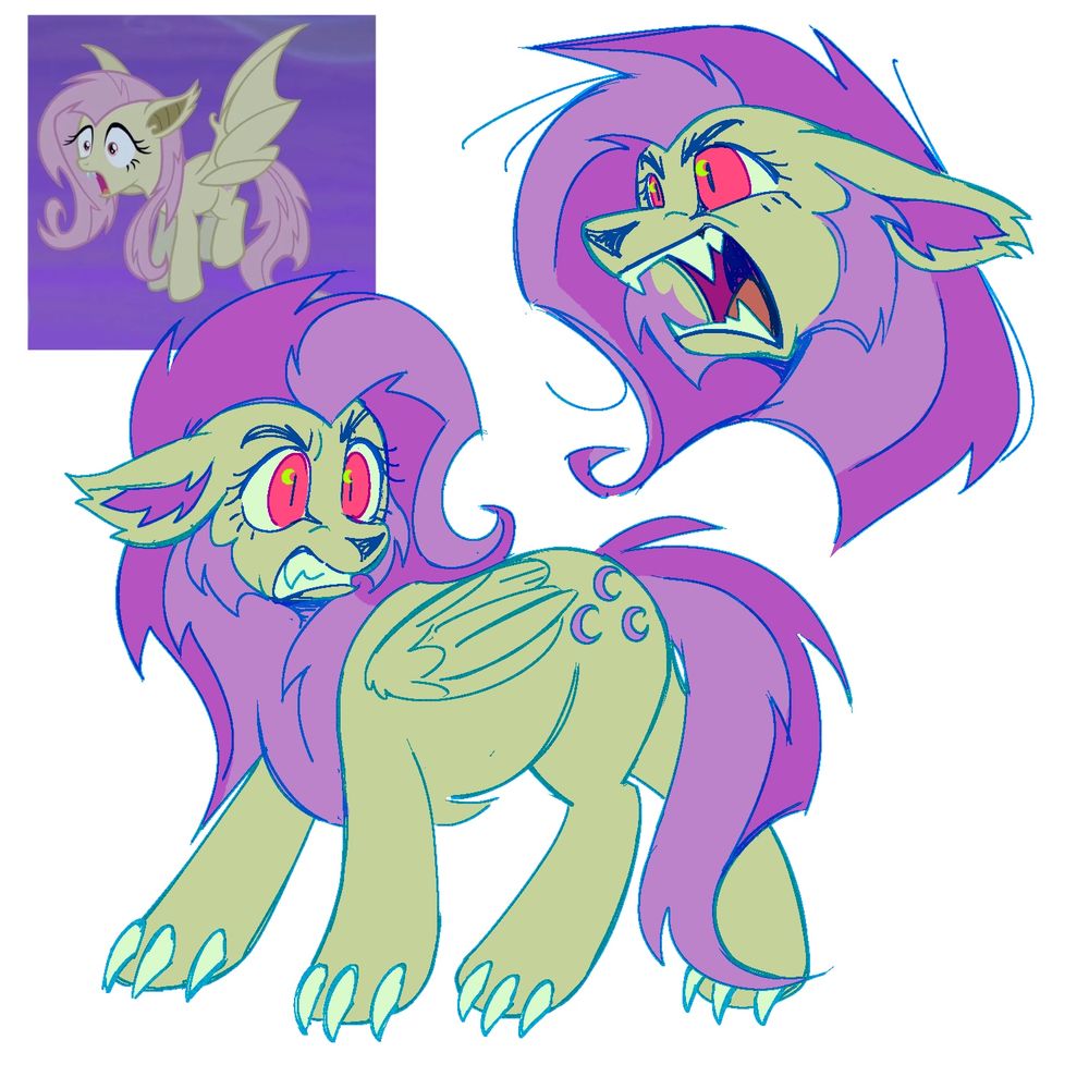 colored digital sketches of fluttershy with werewolf features. her teeth are bared in a snarl