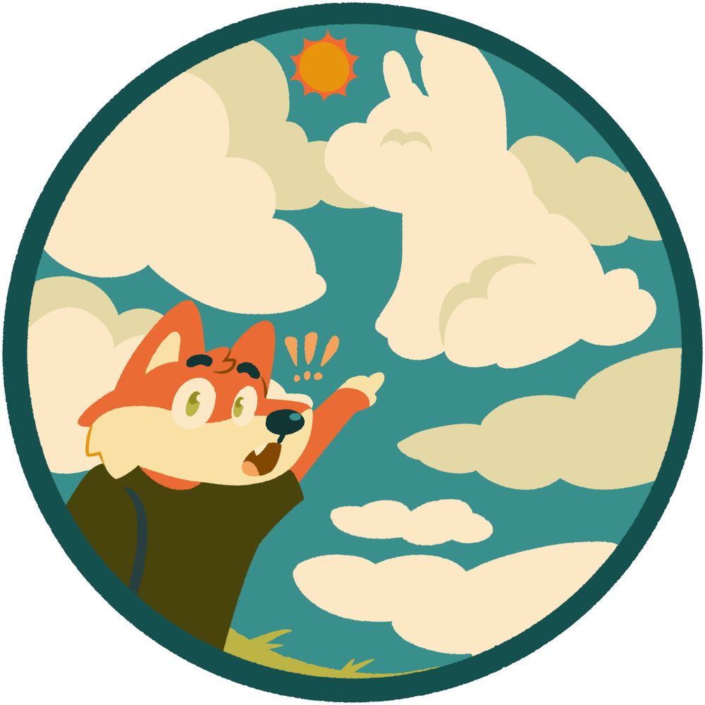 circular digital art piece featuring an orange fox pointing to a bunny-shaped cloud with a shocked and excited expression