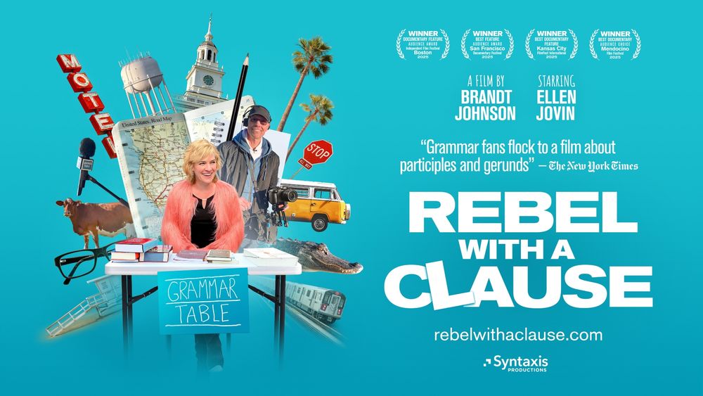 Movie key art showing Ellen at the Grammar Table and Brandt with a camera