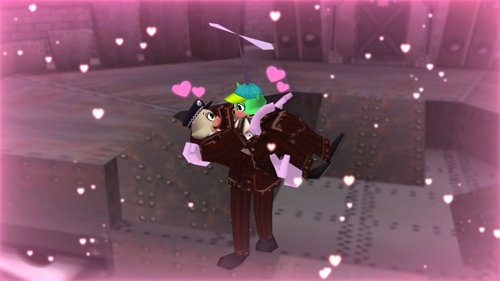 A render of Little Cat and Gia in their Sellbot cog disguises (A Mr. Hollywood and Mingler respectively) with hearts flying all around them 💕💕💕