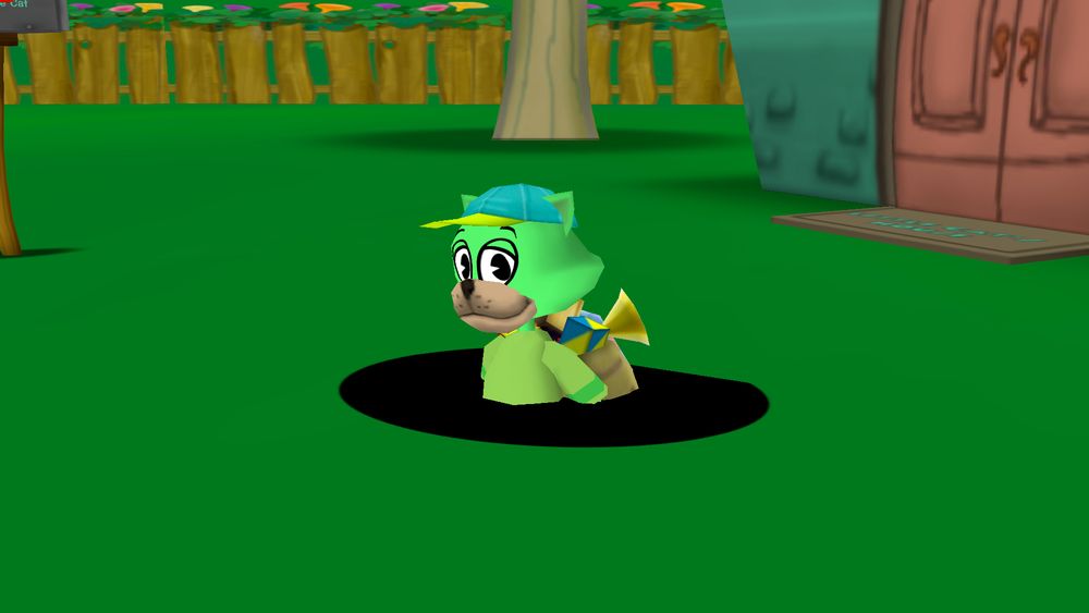 Little Cat lurking out of a teleport hole, looking directly at the camera.